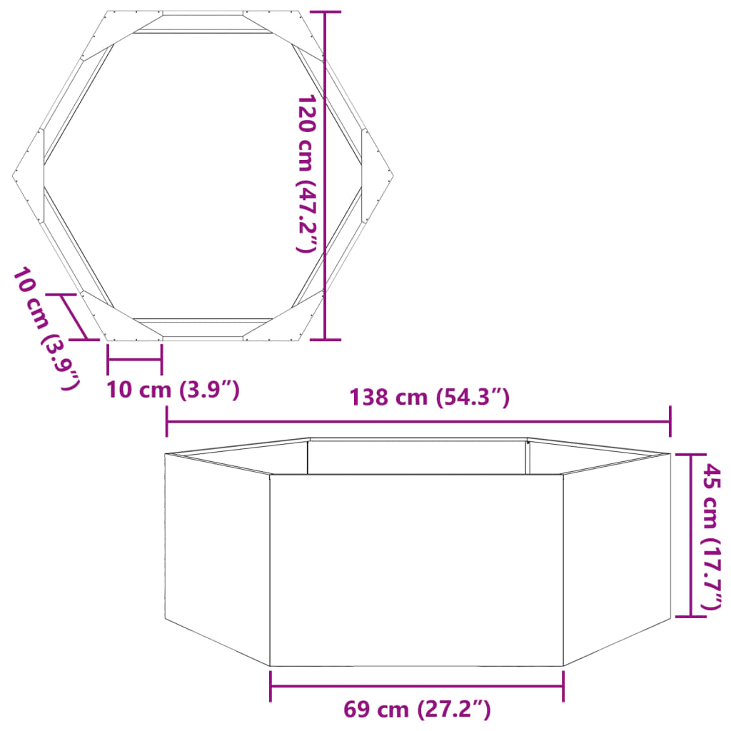 vidaXL Jardinera hexagonal acero blanco 138x120x45 cm