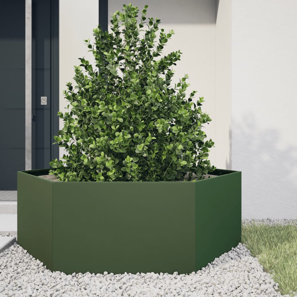 vidaXL Jardinera hexagonal de acero verde oliva 138x120x45 cm