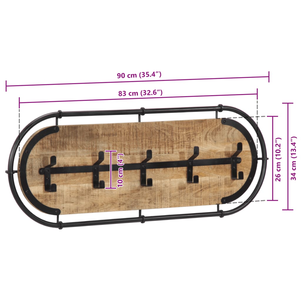 vidaXL Perchero de pared con 5 ganchos madera maciza de mango rugosa