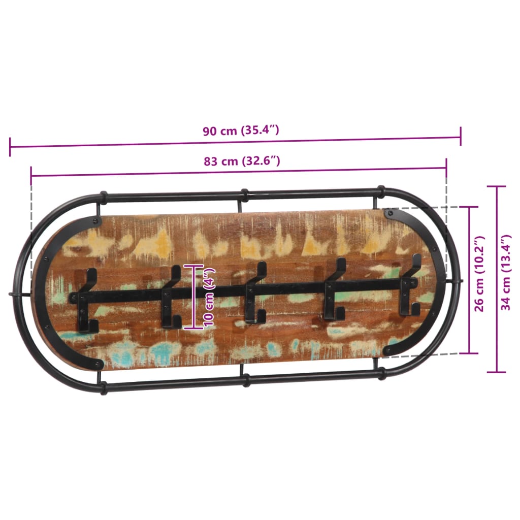 vidaXL Perchero de pared con 5 ganchos madera maciza reciclada