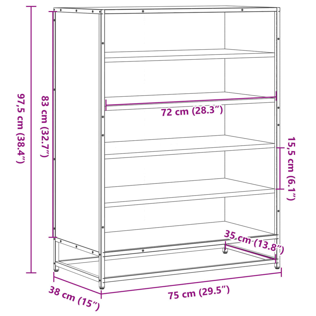 vidaXL Zapatero de madera de ingeniería y metal negro 75x38x97,5 cm