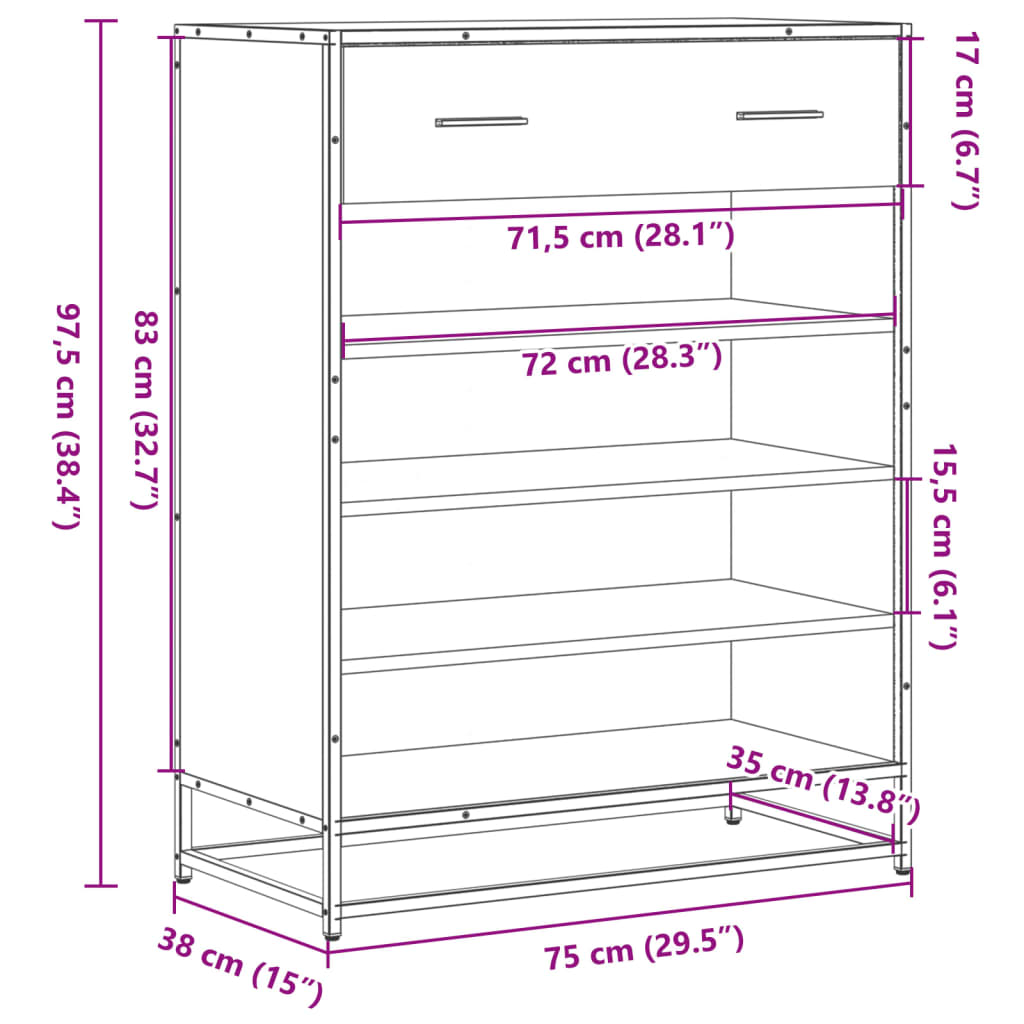 vidaXL Zapatero de madera y metal roble ahumado 75x38x97,5 cm