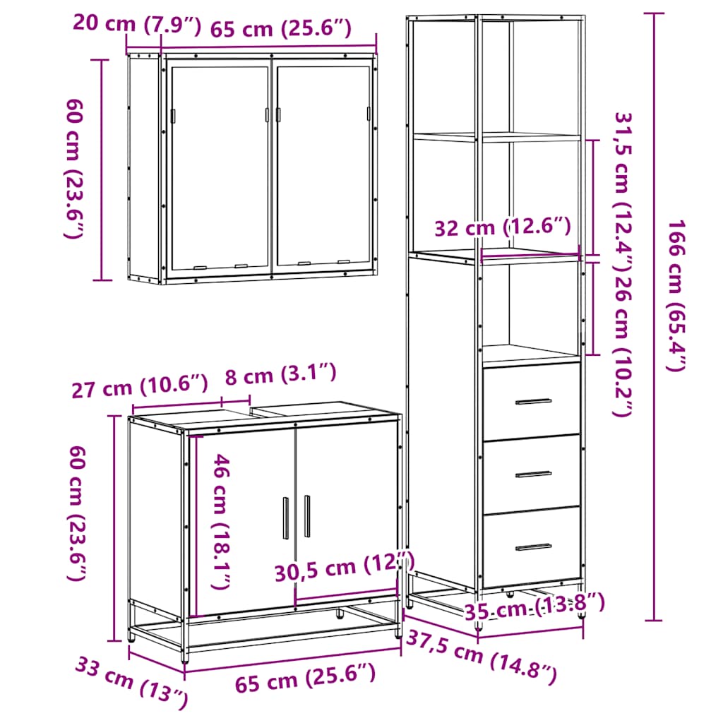 vidaXL Set de muebles de baño 3 pzas madera contrachapada gris sonoma