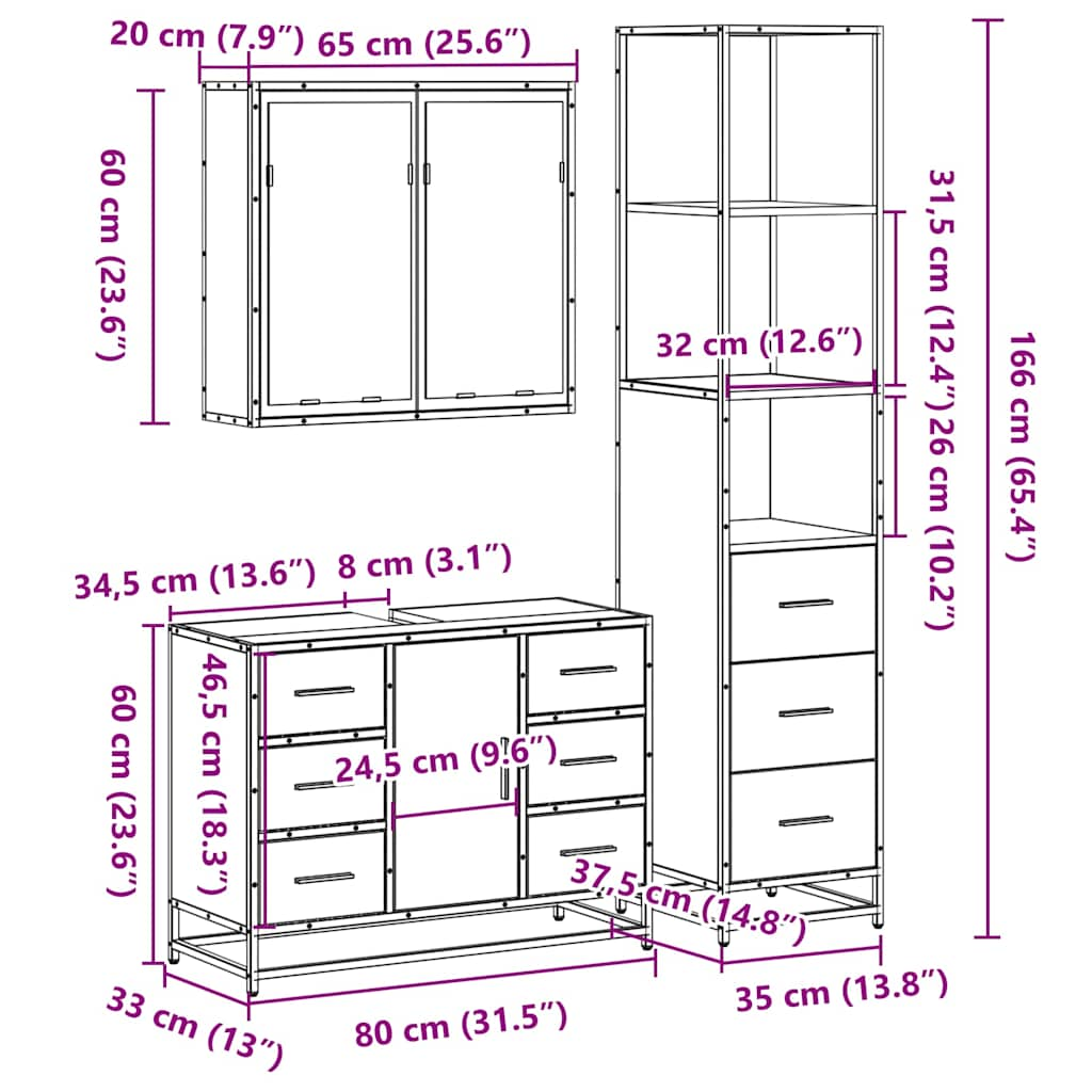 vidaXL Set de muebles de baño 3 pzas madera contrachapada gris sonoma