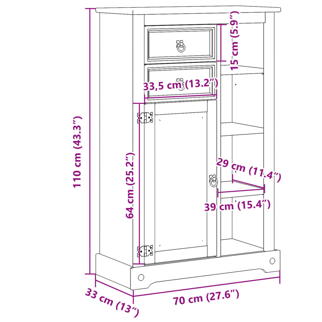 vidaXL Armario de baño Corona madera maciza de pino 70x33x110 cm