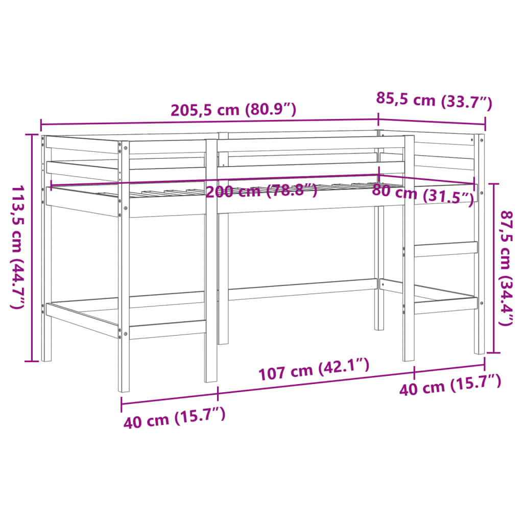 vidaXL Cama alta de niños con escalera madera maciza marrón 80x200 cm