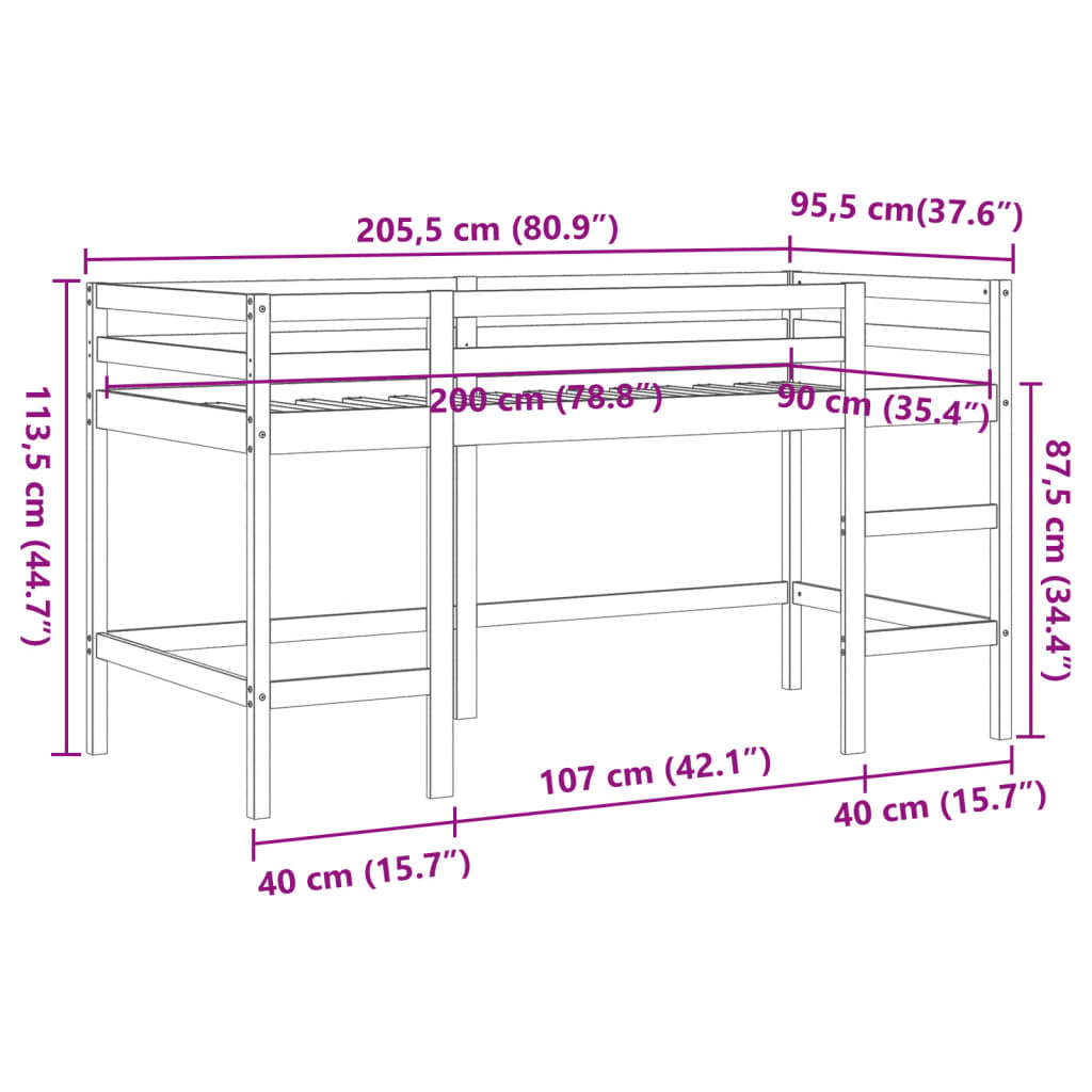 vidaXL Cama alta de niños con escalera madera maciza marrón 90x200 cm