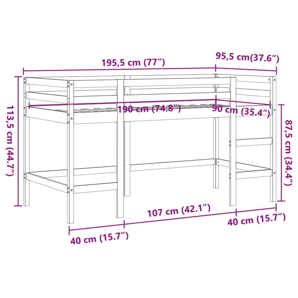 vidaXL Cama alta de niños con escalera madera maciza marrón 90x190 cm