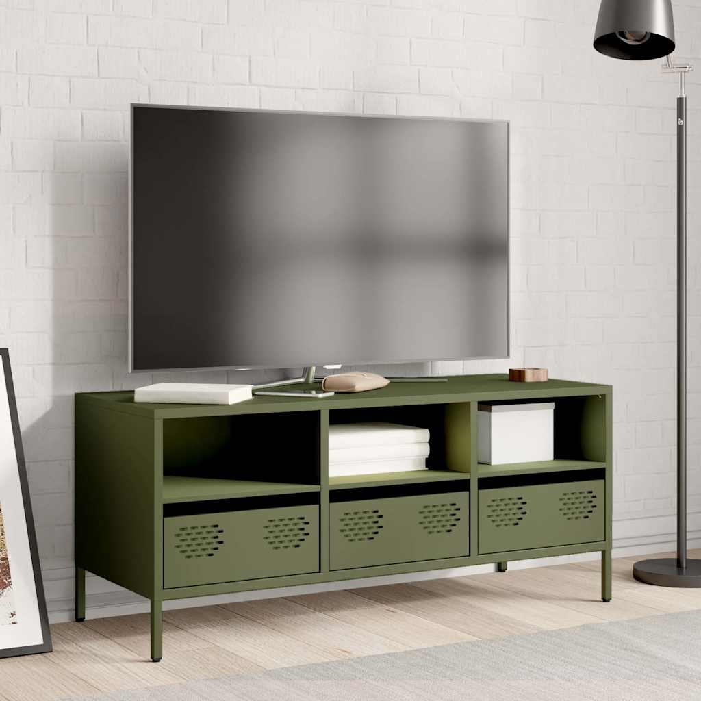 vidaXL Mueble TV acero laminado en frío verde oliva 101,5x39x43,5 cm