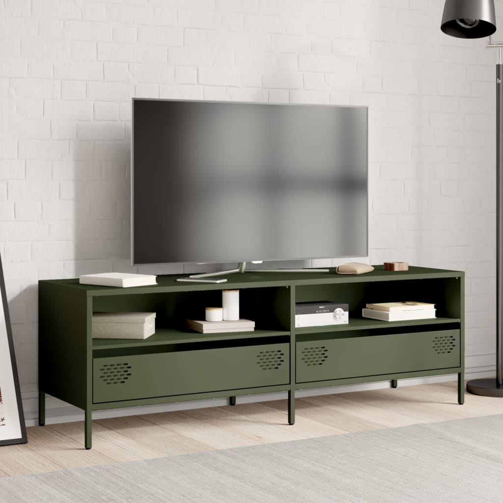 vidaXL Mueble TV acero laminado en frío verde oliva 135x39x43,5 cm