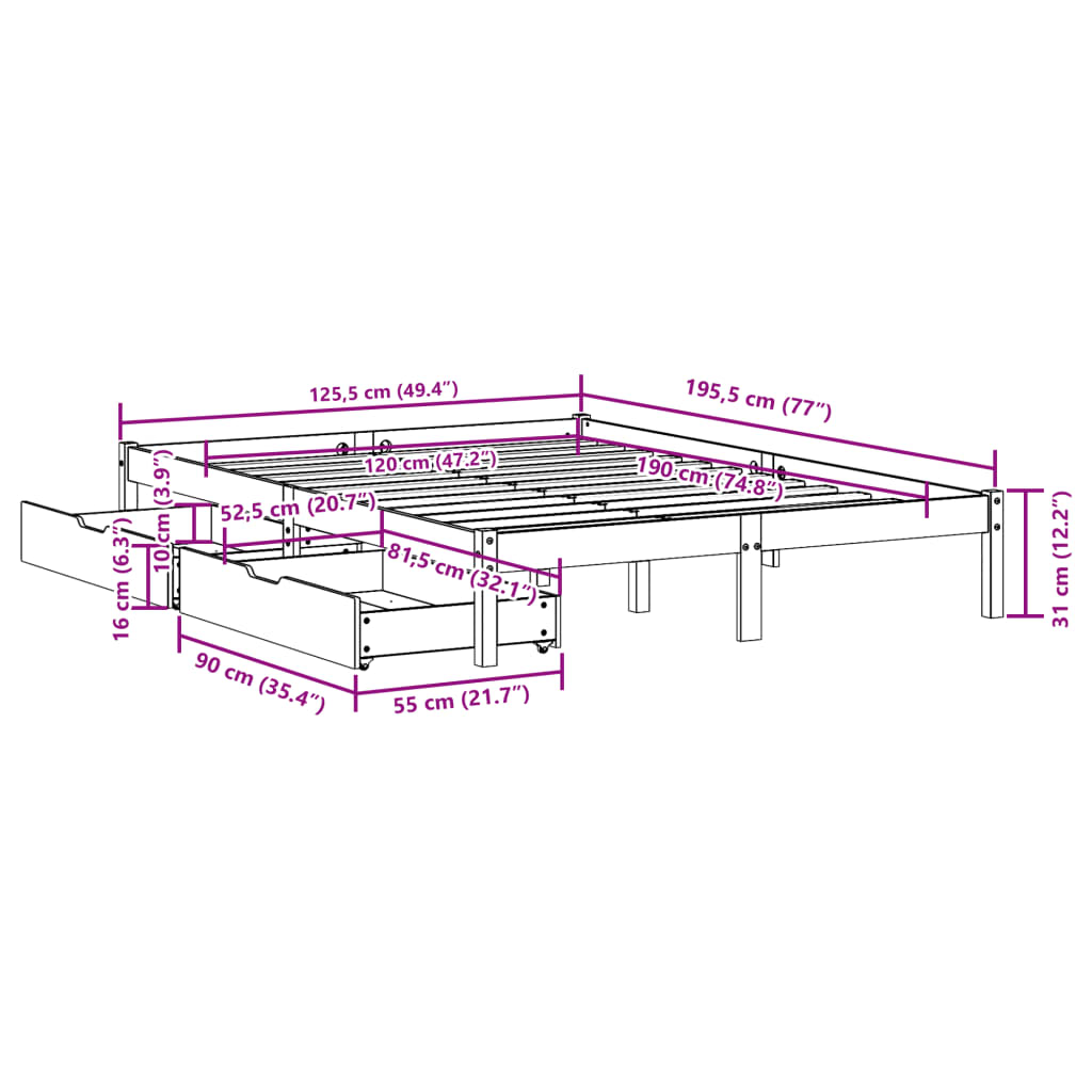 vidaXL Estructura de cama sin colchón madera maciza de pino 120x190 cm