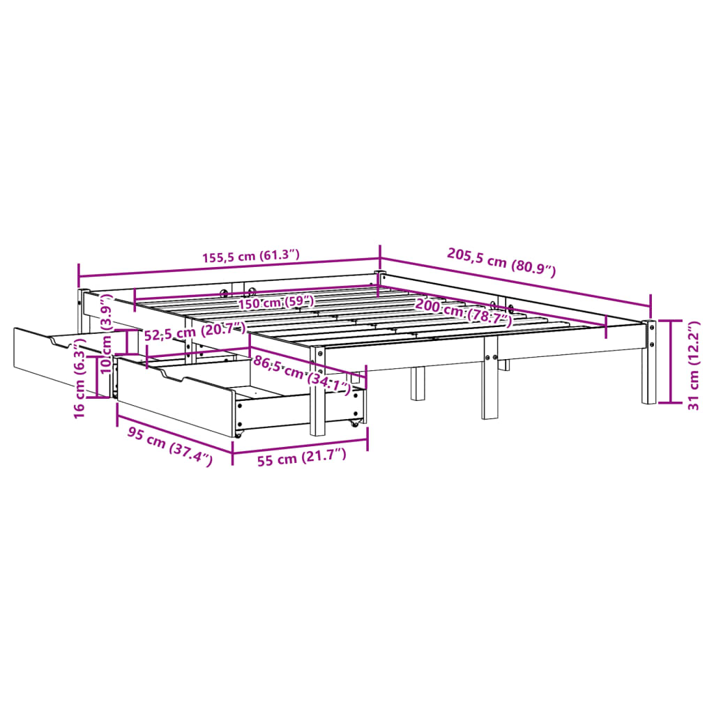 vidaXL Estructura de cama sin colchón madera de pino blanco 150x200 cm