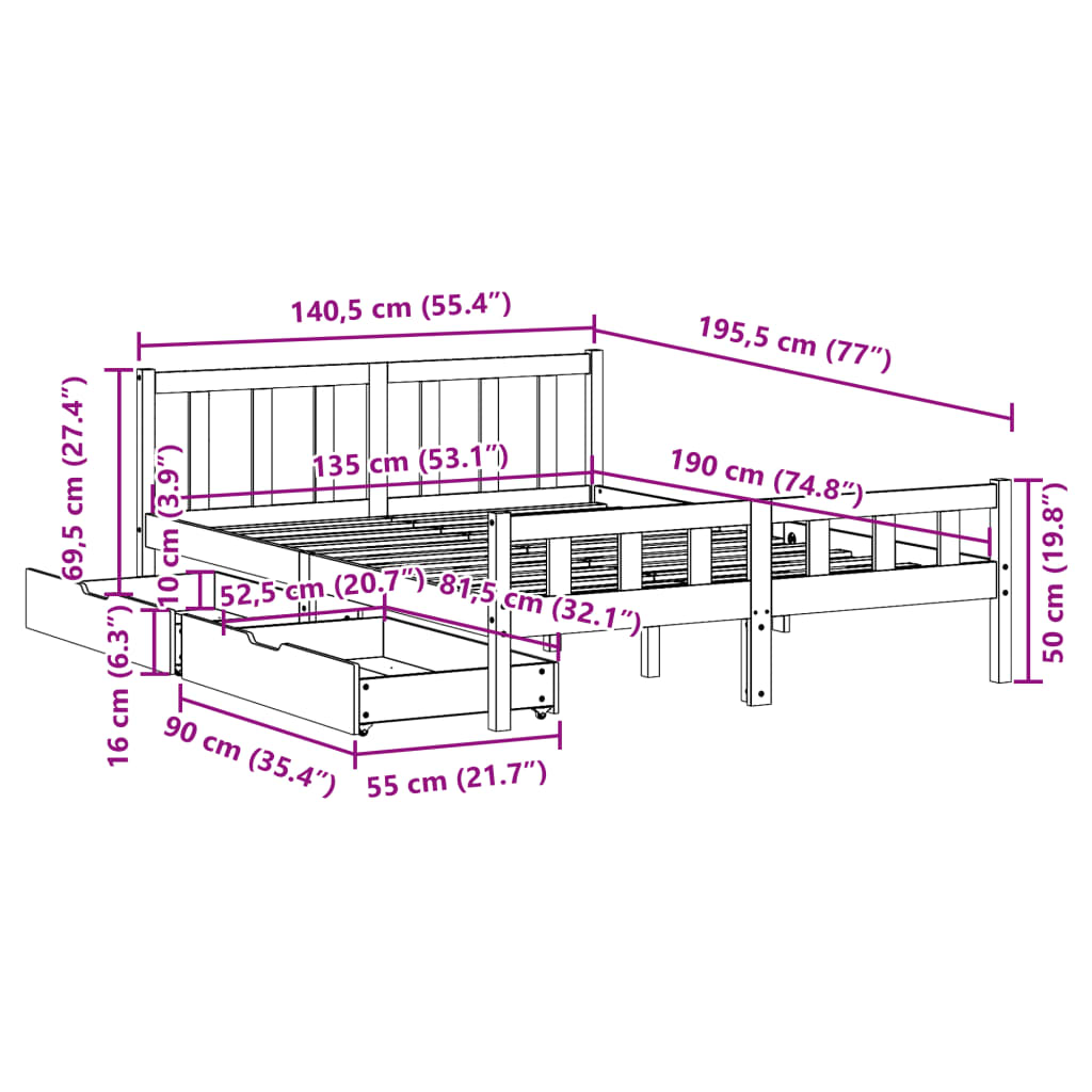 vidaXL Estructura de cama sin colchón madera de pino blanco 135x190 cm