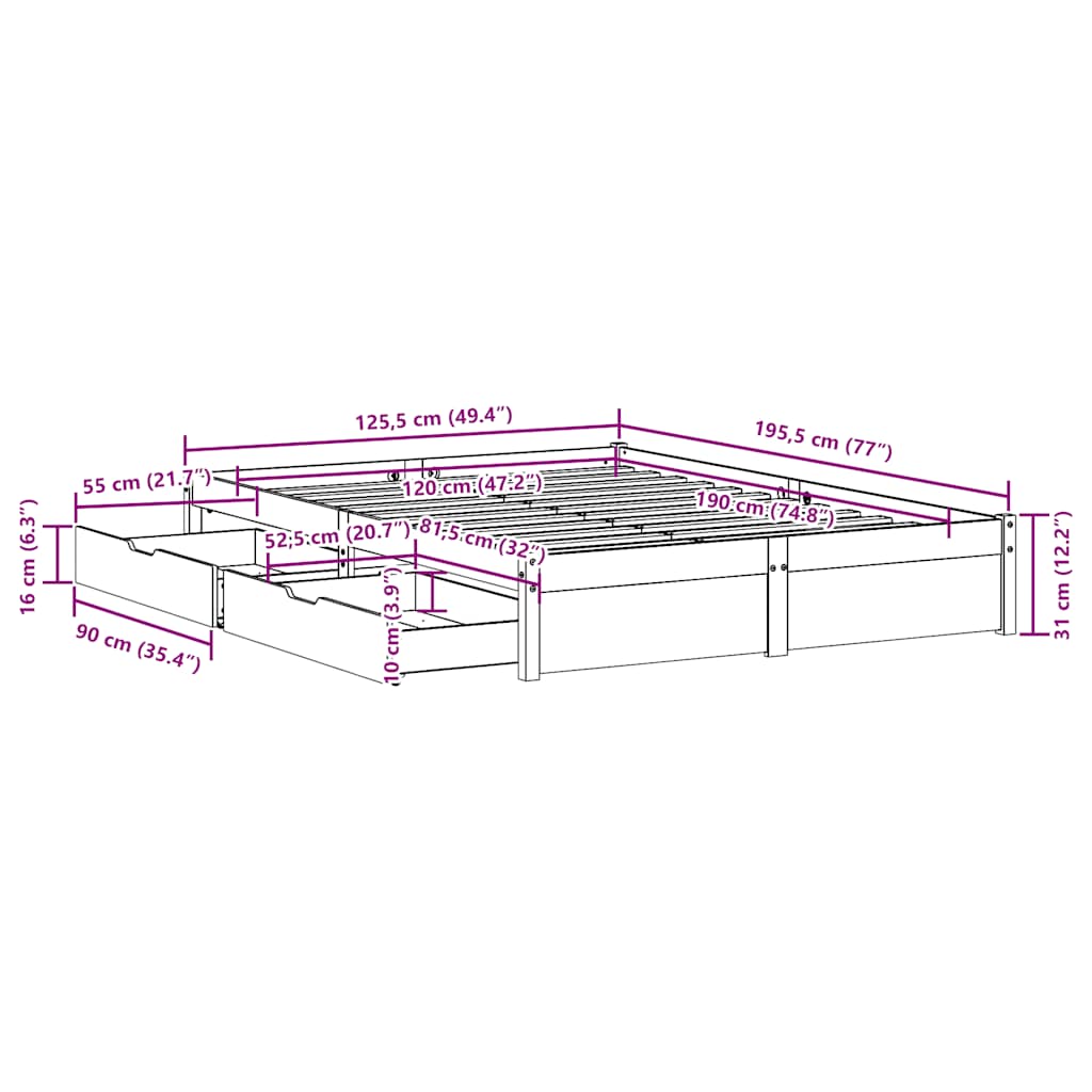 vidaXL Estructura de cama sin colchón madera maciza de pino 120x190 cm