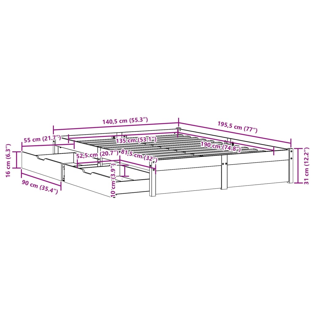 vidaXL Estructura de cama sin colchón madera maciza de pino 135x190 cm