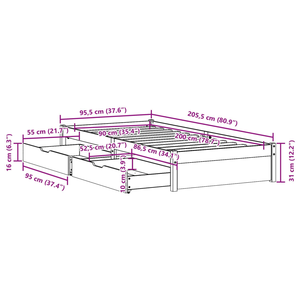 vidaXL Estructura de cama sin colchón madera maciza de pino 90x200 cm