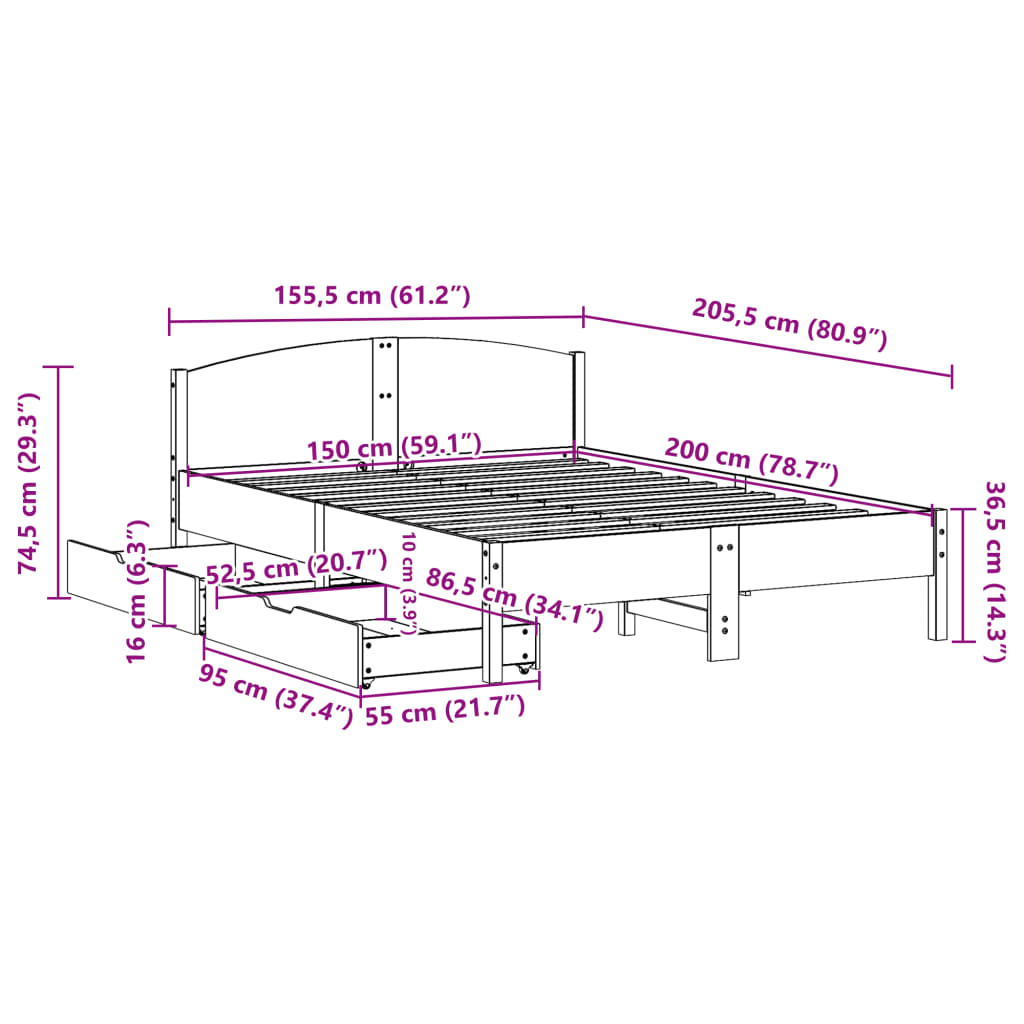 vidaXL Estructura de cama sin colchón madera de pino blanco 150x200 cm