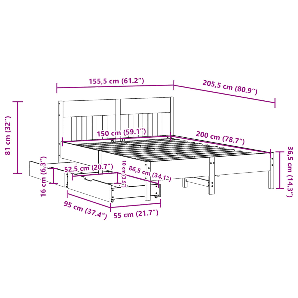 vidaXL Estructura de cama sin colchón madera de pino blanco 150x200 cm