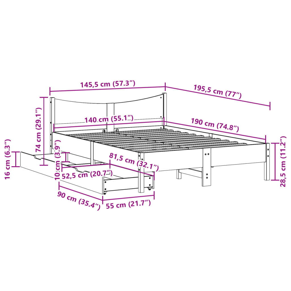 vidaXL Estructura de cama con cojines madera maciza de pino 140x190 cm