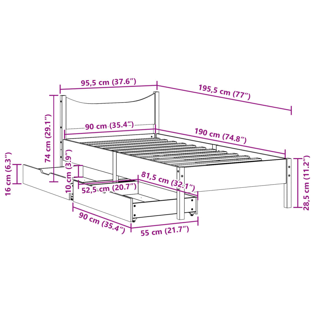 vidaXL Estructura de cama con cajones madera maciza pino 90x190 cm