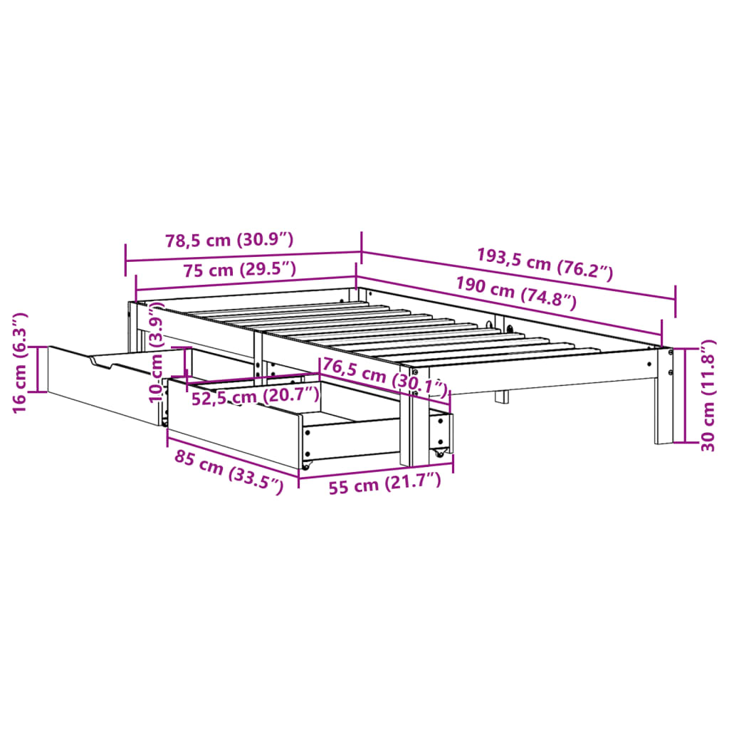 vidaXL Estructura de cama con cajones madera maciza pino 75x190 cm