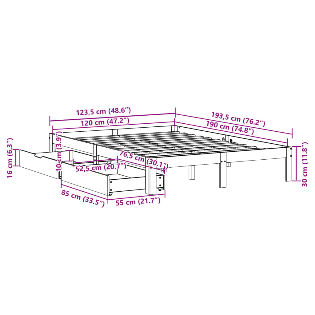 vidaXL Estructura de cama con cajones madera maciza pino 120x190 cm