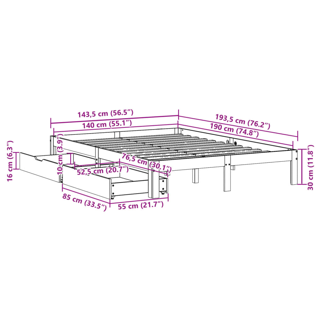 vidaXL Estructura de cama con cojines madera maciza de pino 140x190 cm