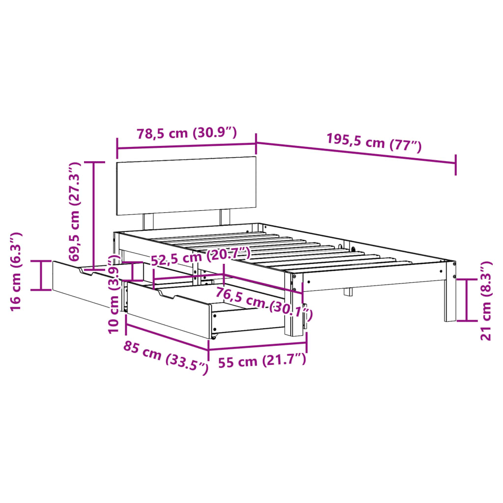 vidaXL Estructura de cama con cajones madera maciza pino 75x190 cm