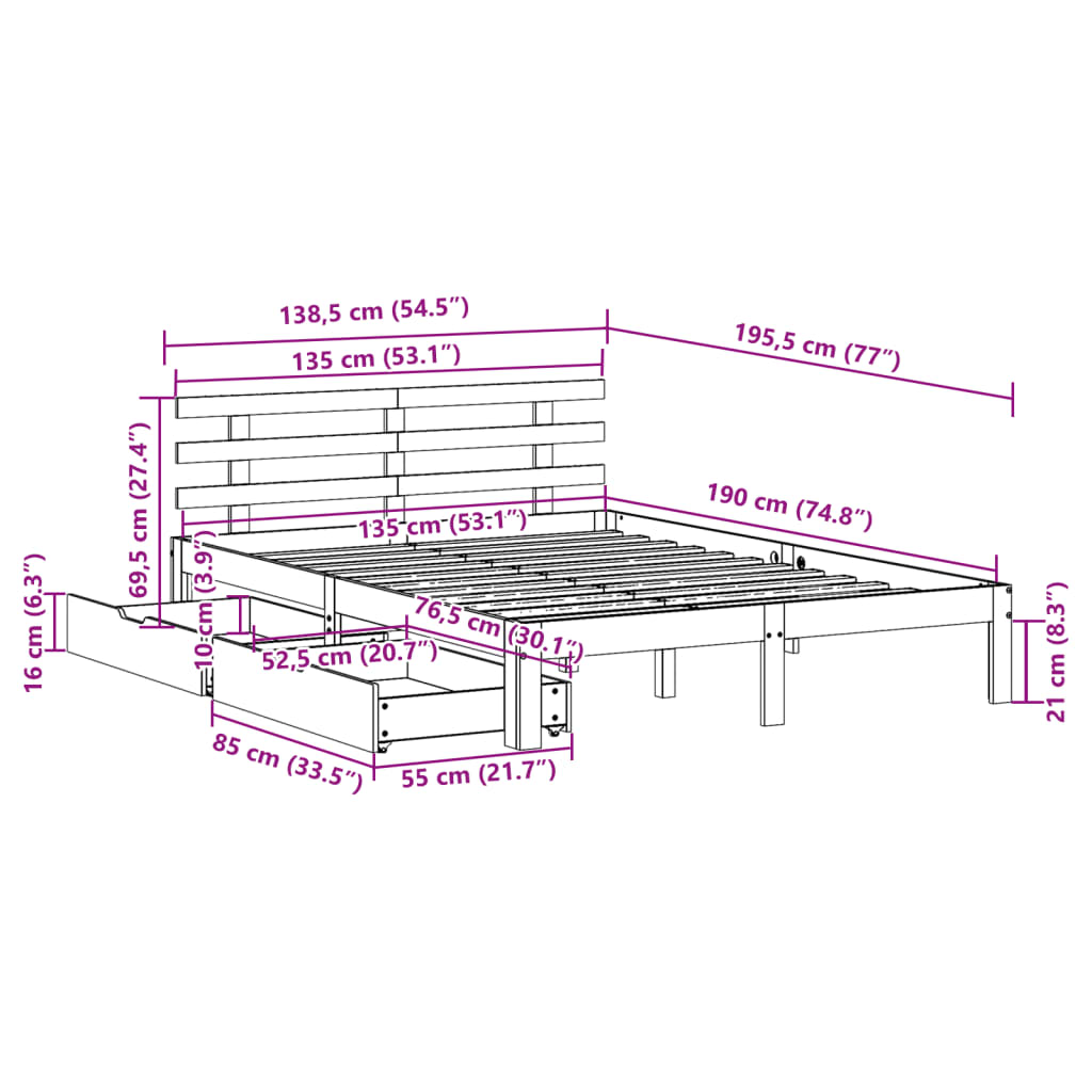 vidaXL Estructura de cama con cajones madera maciza de pino 135x190 cm