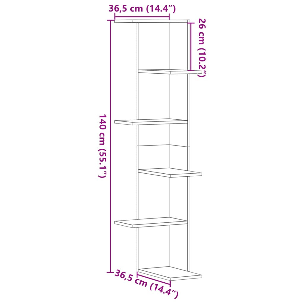 vidaXL Estantería de pared de esquina madera blanca 36,5x36,5x140 cm