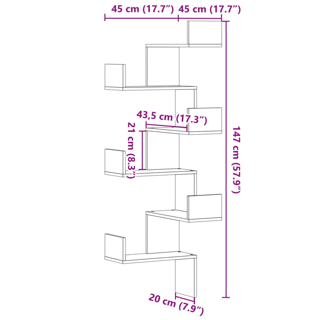 vidaXL Estantería pared esquina madera ingeniería negro 45x45x147 cm