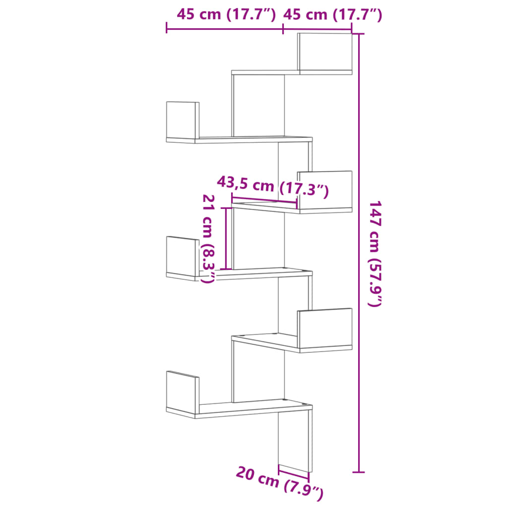 vidaXL Estantería de pared de esquina madera roble Sonoma 45x45x147 cm