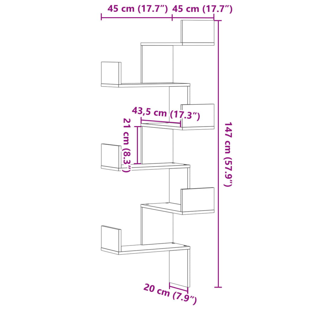 vidaXL Estantería de pared de esquina madera gris hormigón 45x45x147cm