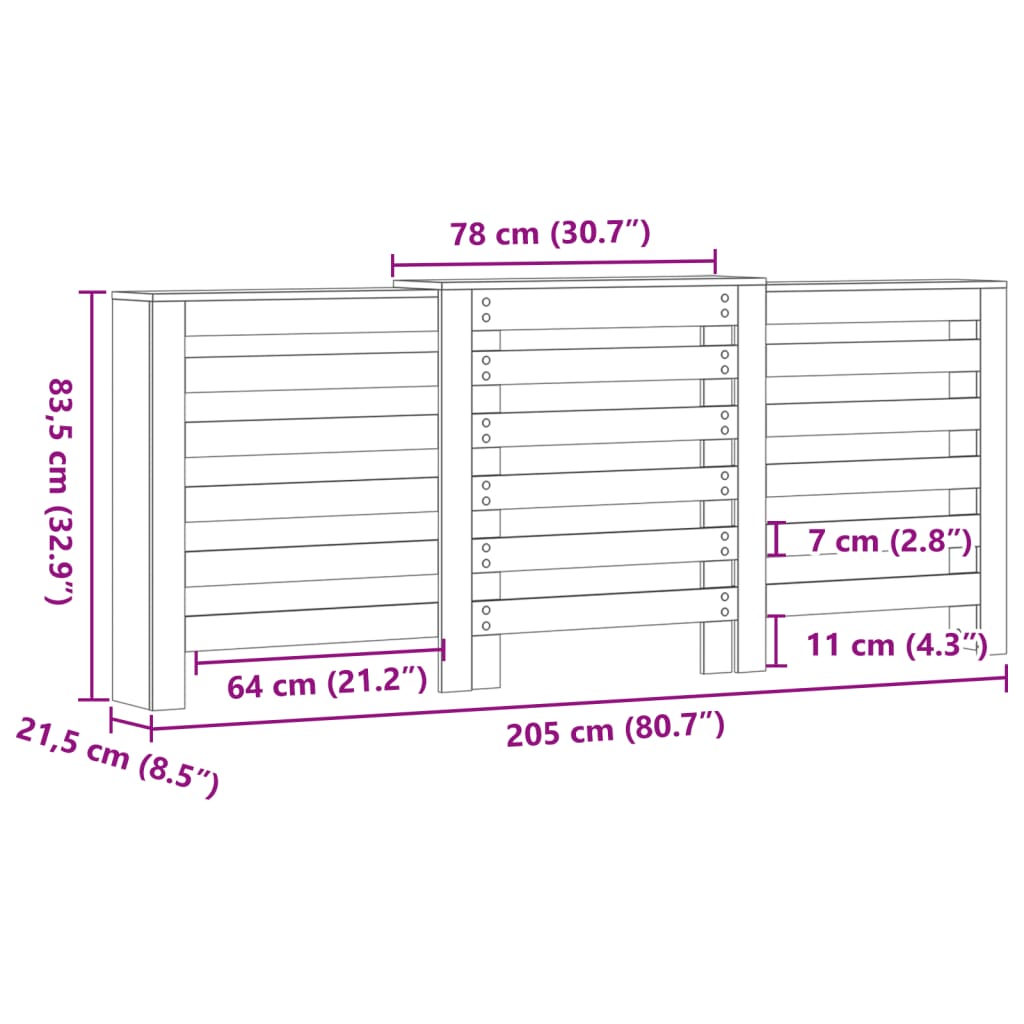 vidaXL Cubierta de radiador madera de ingeniería negro 205x21,5x83,5cm