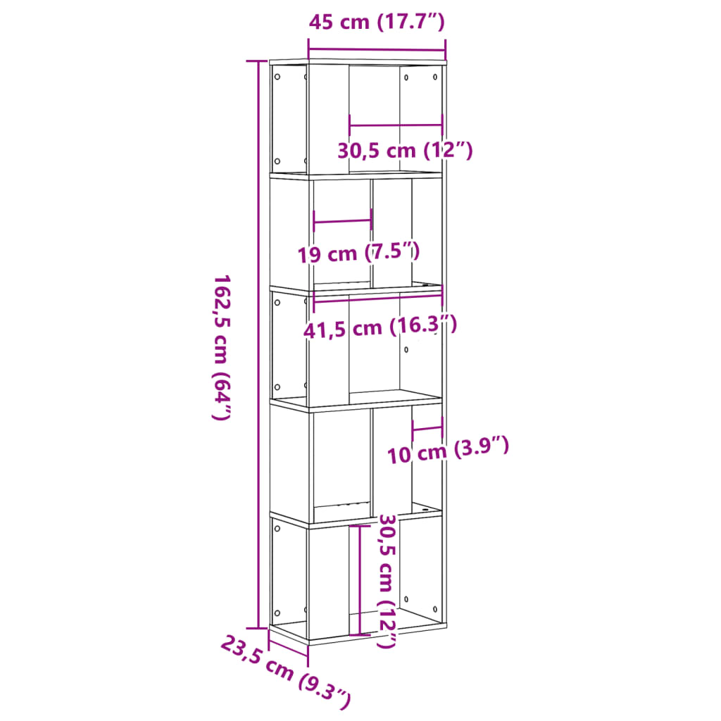 vidaXL Librería de 5 niveles madera gris hormigón 45x23,5x162,5 cm