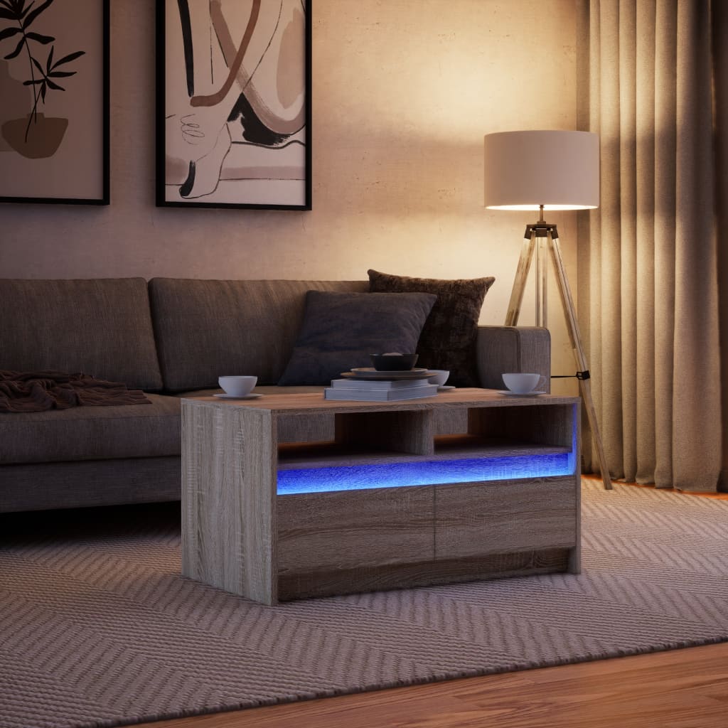 vidaXL Mesa de centro con luces LED madera de ingeniería roble Sonoma