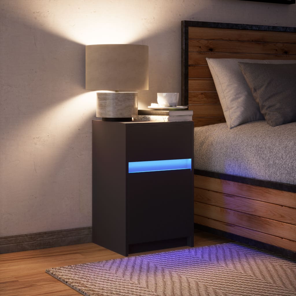 vidaXL Mesita de noche con luces LED madera de ingeniería negra