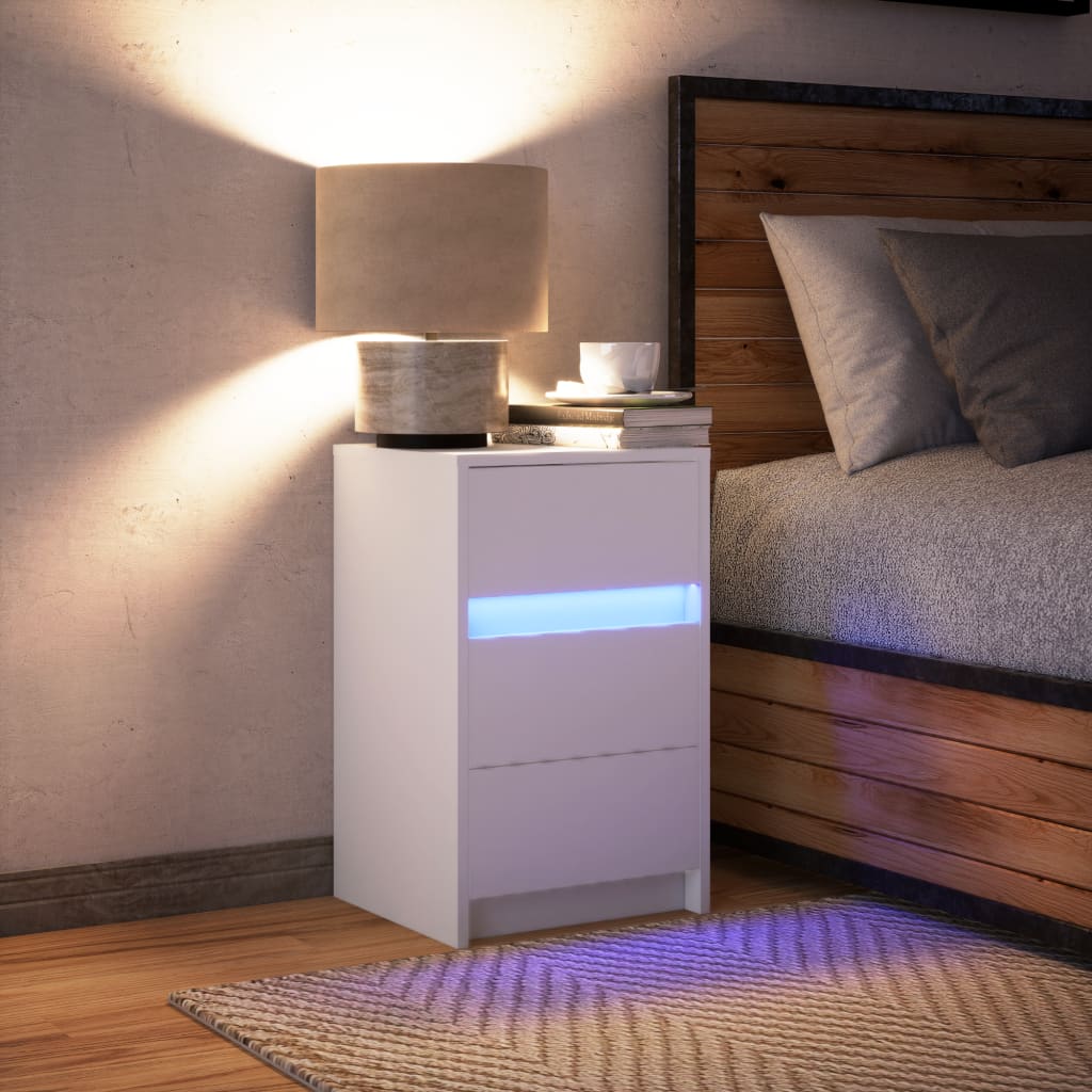 vidaXL Mesita de noche con luces LED madera de ingeniería blanca