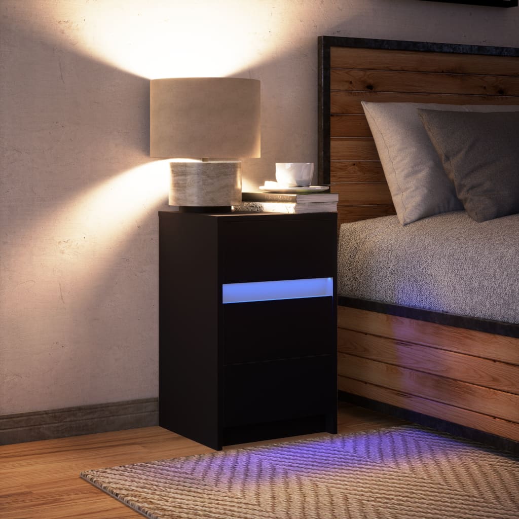 vidaXL Mesita de noche con luces LED madera de ingeniería negra