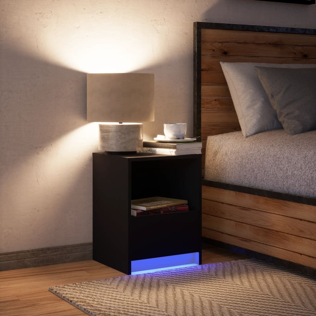 vidaXL Mesita de noche con luces LED madera de ingeniería negra