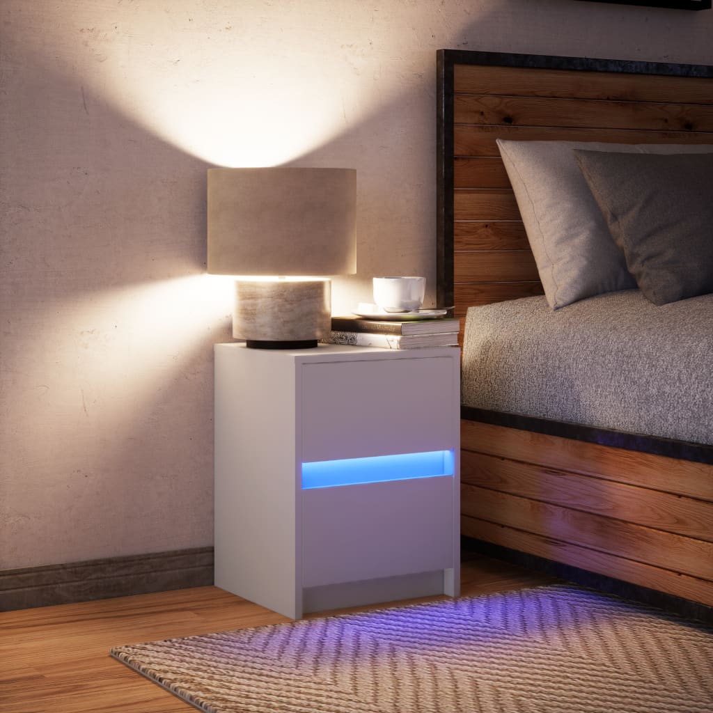 vidaXL Mesita de noche con luces LED madera de ingeniería blanca