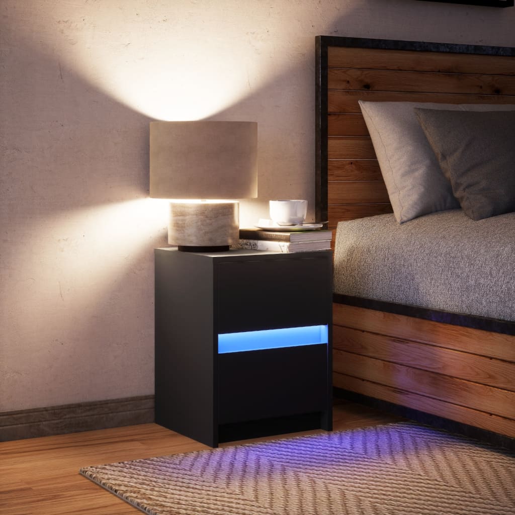 vidaXL Mesita de noche con luces LED madera de ingeniería negra