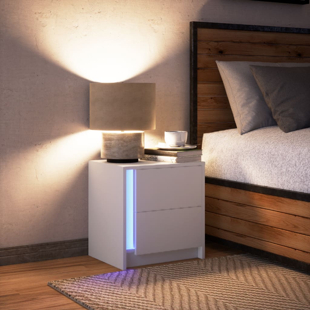 vidaXL Mesita de noche con luces LED madera de ingeniería blanca