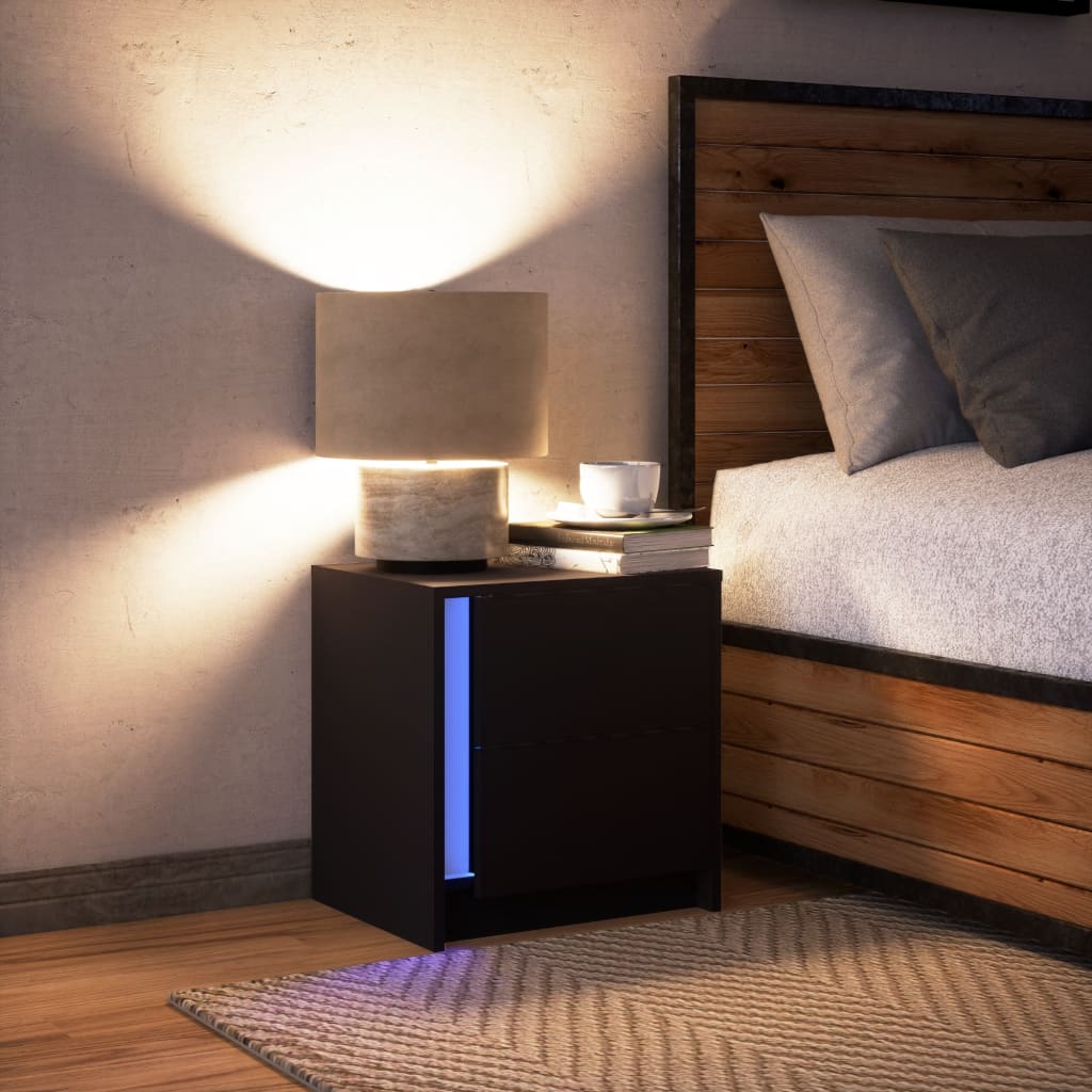 vidaXL Mesita de noche con luces LED madera de ingeniería negra