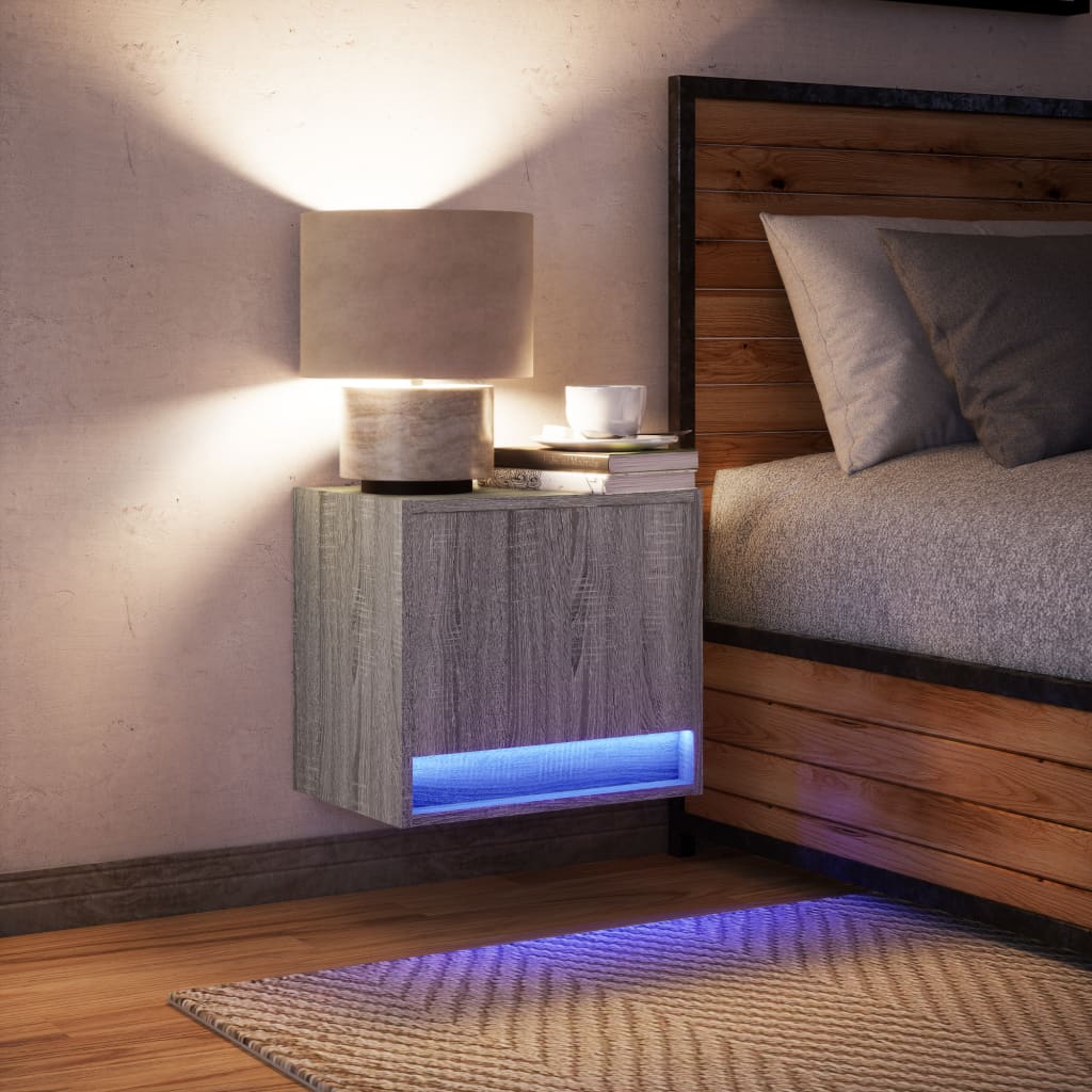 vidaXL Mesita de noche de pared con luces LED gris Sonoma