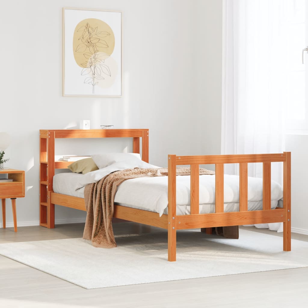 vidaXL Estructura cama con cabecero madera pino marrón cera 90x200 cm