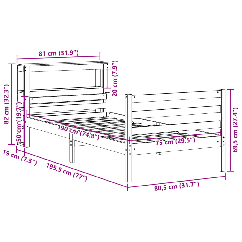 vidaXL Estructura de cama con cabecero madera maciza pino 75x190 cm