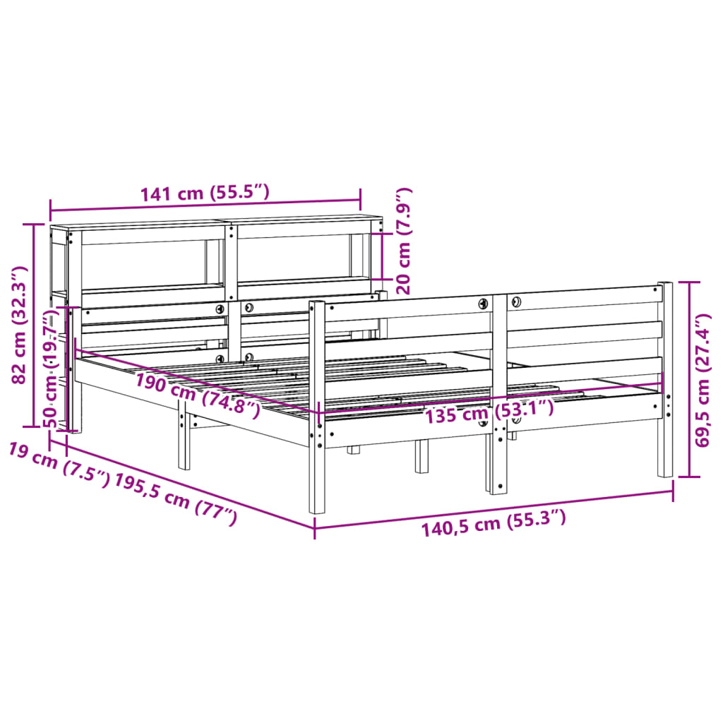 vidaXL Estructura de cama con cabecero madera maciza pino 135x190 cm