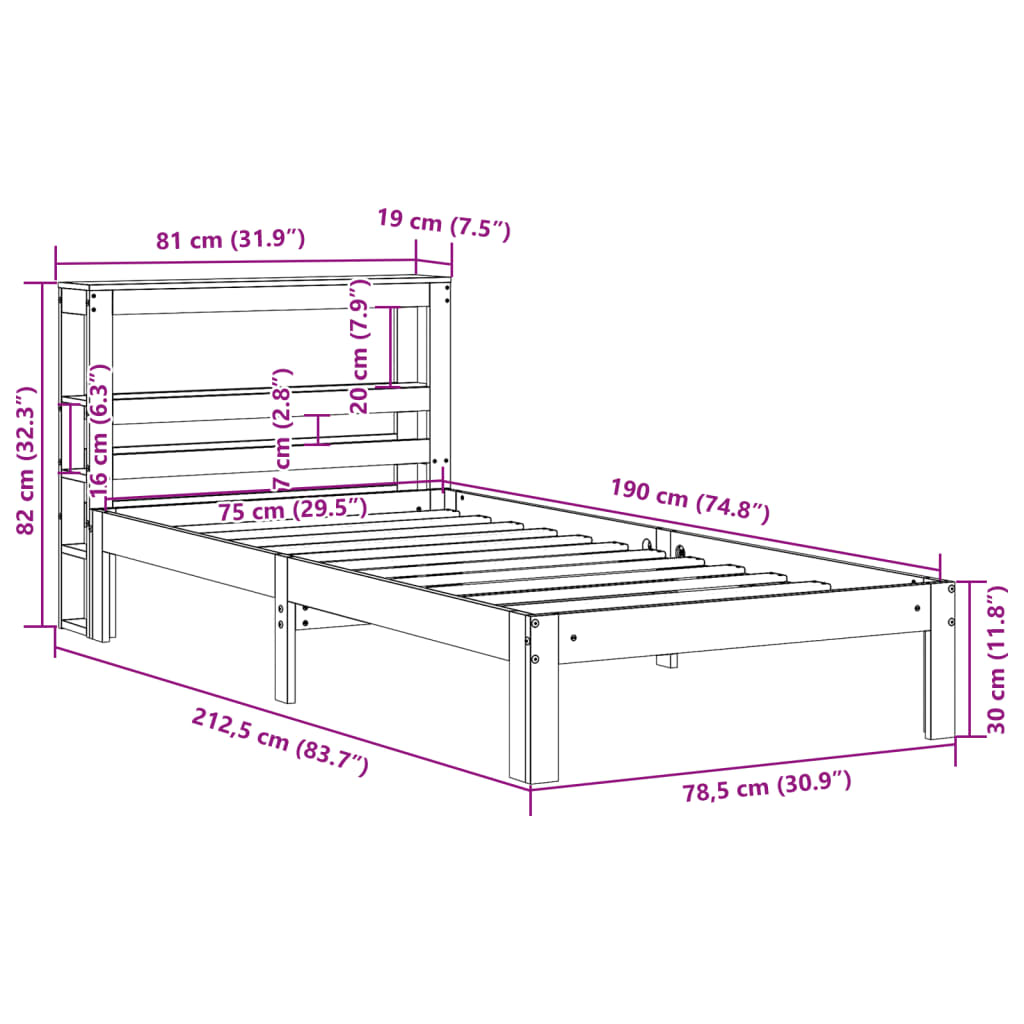 vidaXL Estructura de cama con cabecero madera maciza pino 75x190 cm