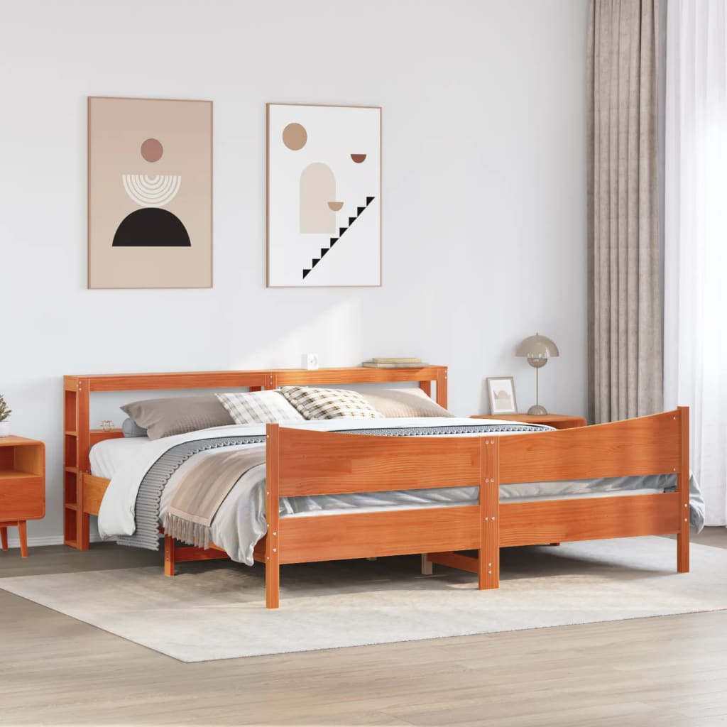 vidaXL Estructura cama con cabecero madera pino marrón cera 200x200 cm